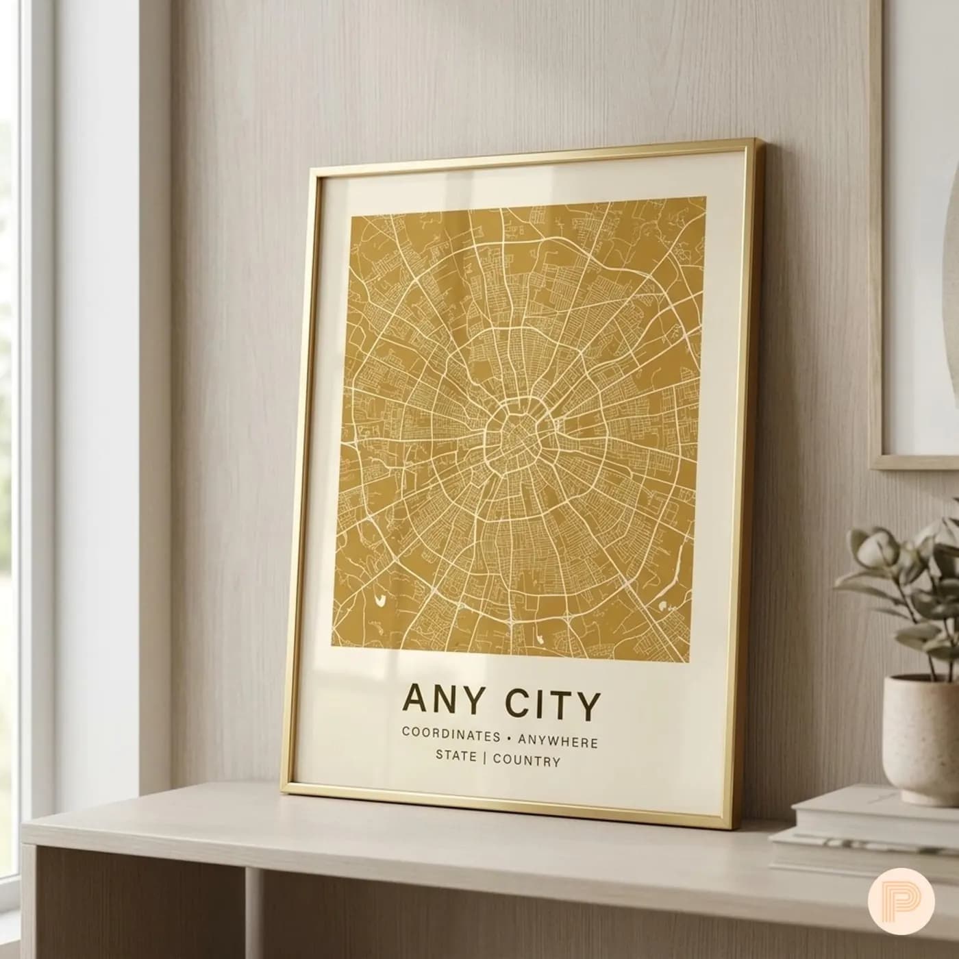 Gold city street map in a slim gold frame, leaning on a pale wood shelf beside a potted plant